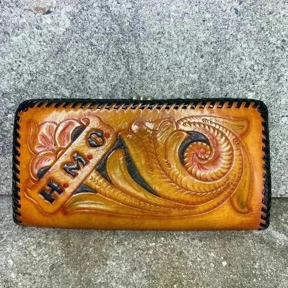 Vintage hand-tooled and painted leather wallet